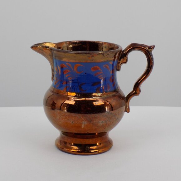 Unbranded Other - Antique Staffordshire Copper Lustreware Creamer Handpainted Blue Band 4.37" tall